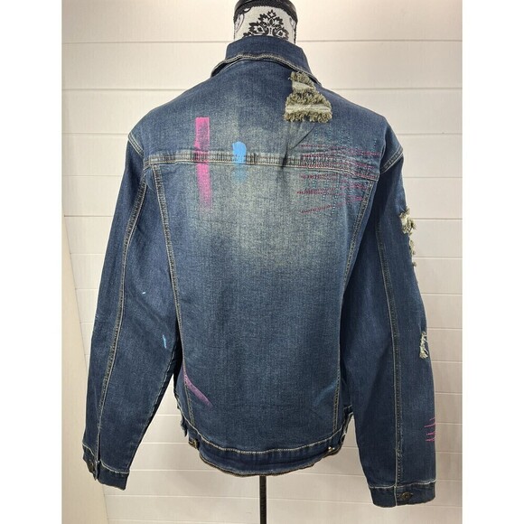 Create 2MRW Jean Jacket Womens Sz Large Distressed Hand Painted Cotton Blue - Picture 6 of 13